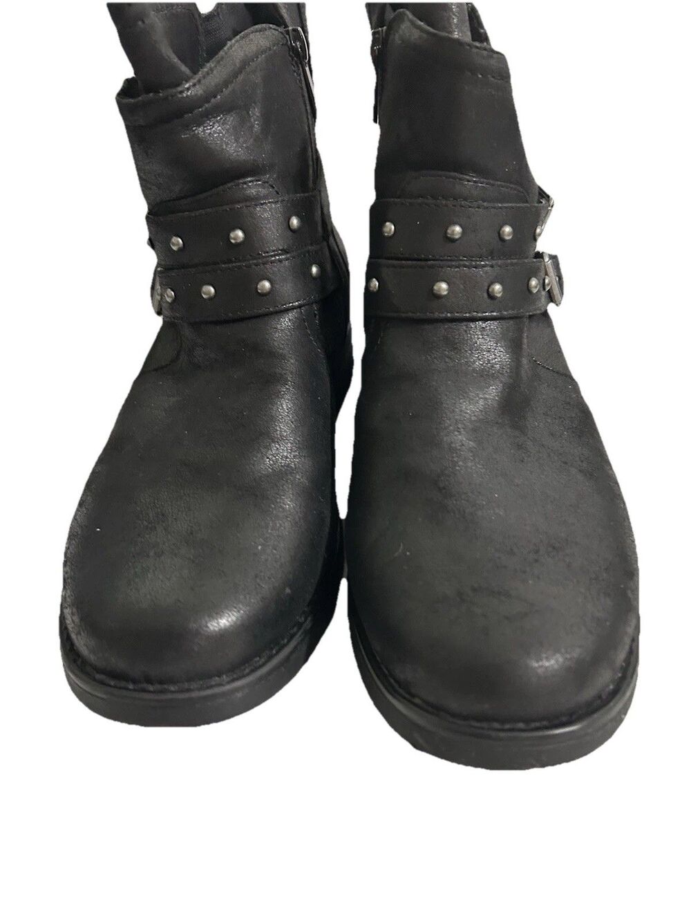 Torrid Wood Block Heel Black Boots 11W Studs Buckle Strap Accents Side Zip Biker